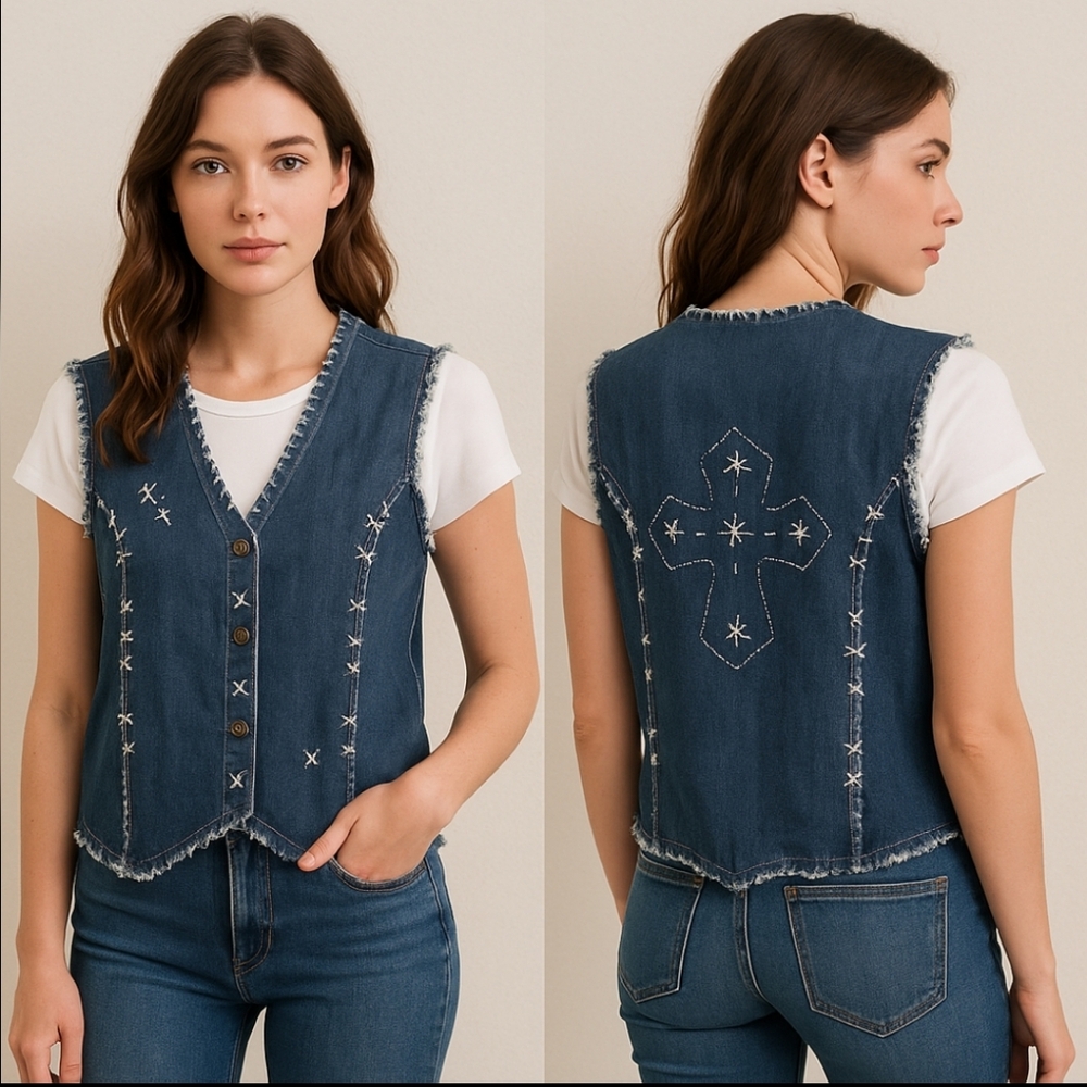 Western Embroidered Denim Vest with Frayed Edges And Studs XXL